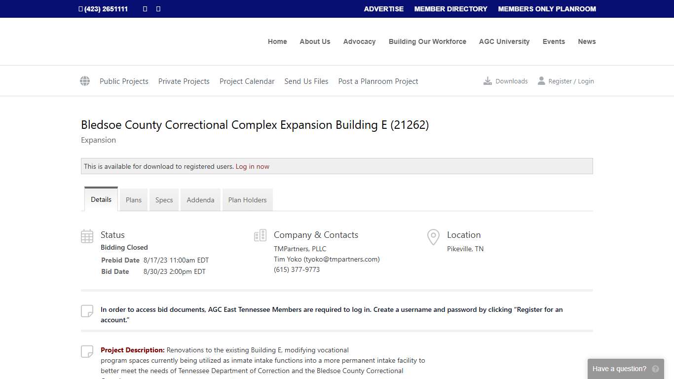 Bledsoe County Correctional Complex Expansion Building E (21262) :: AGC of East Tennessee Online Planroom
