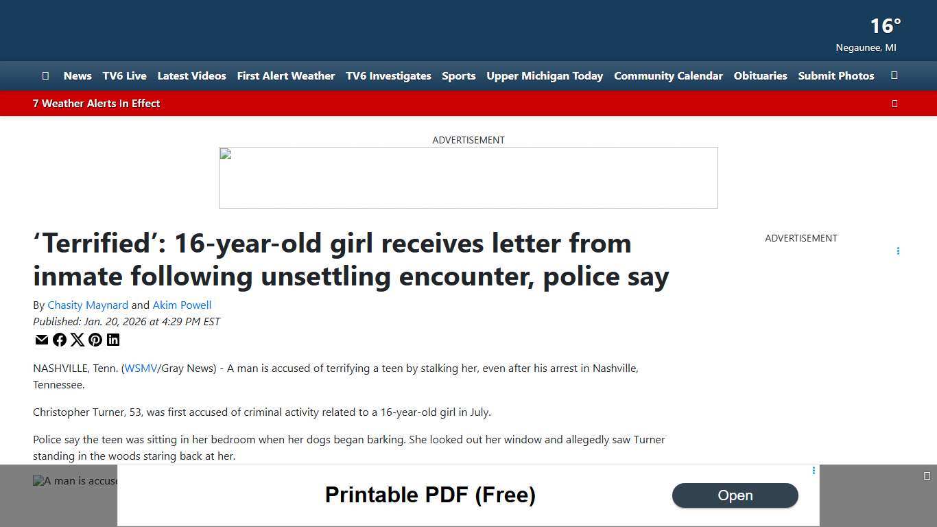 ‘Terrified’: 16-year-old girl receives letter from inmate following unsettling encounter, police say